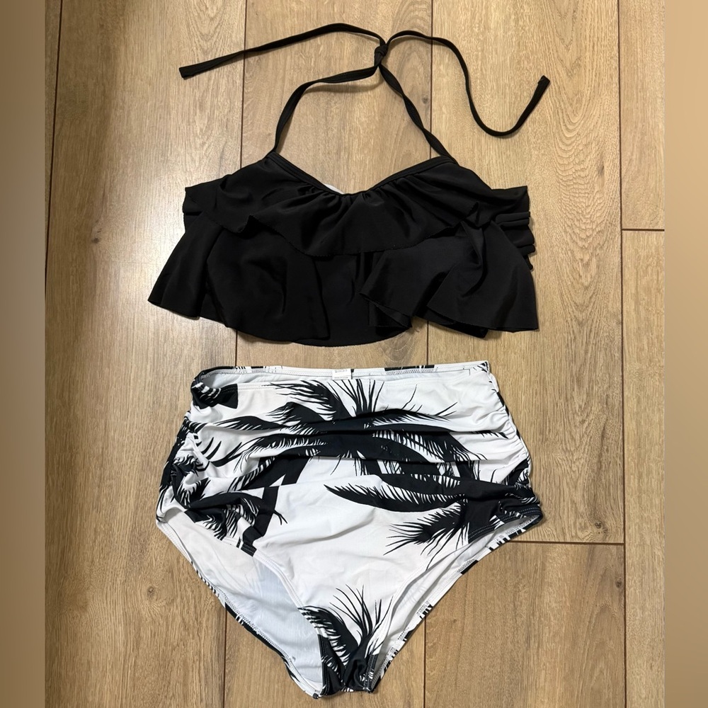 Amazon Black Ruffle Halter Bikini Top with Black & White Palm High-Waist Bottoms
